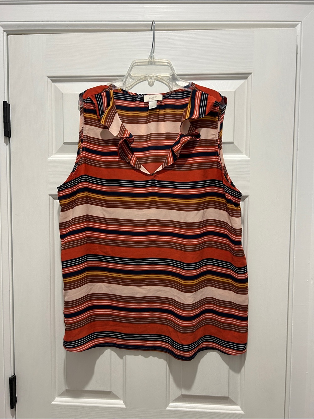 LOFT Rust, Cream and Navy Striped Ruffle V-Neck Sleeveless Top
